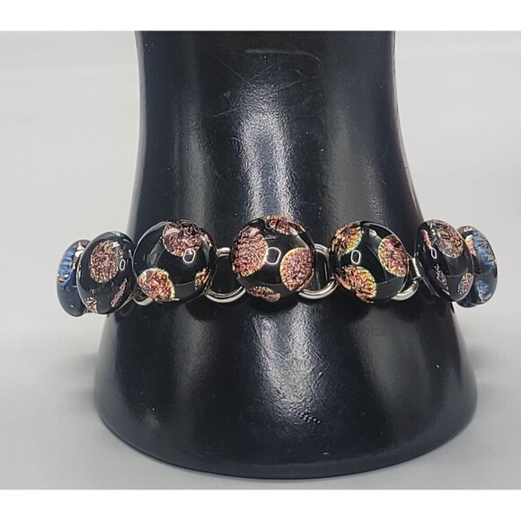 Dichroic Glass Coin Bead Bracelet Silver Tone Links Multicolor Foil Size 7.5"